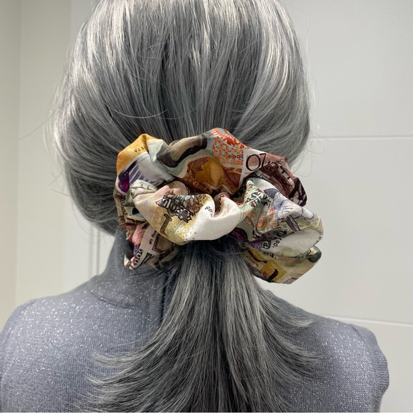 Foreign Currency Print Hair Scrunchie. Multicolor. Medium - Picture 1 of 11
